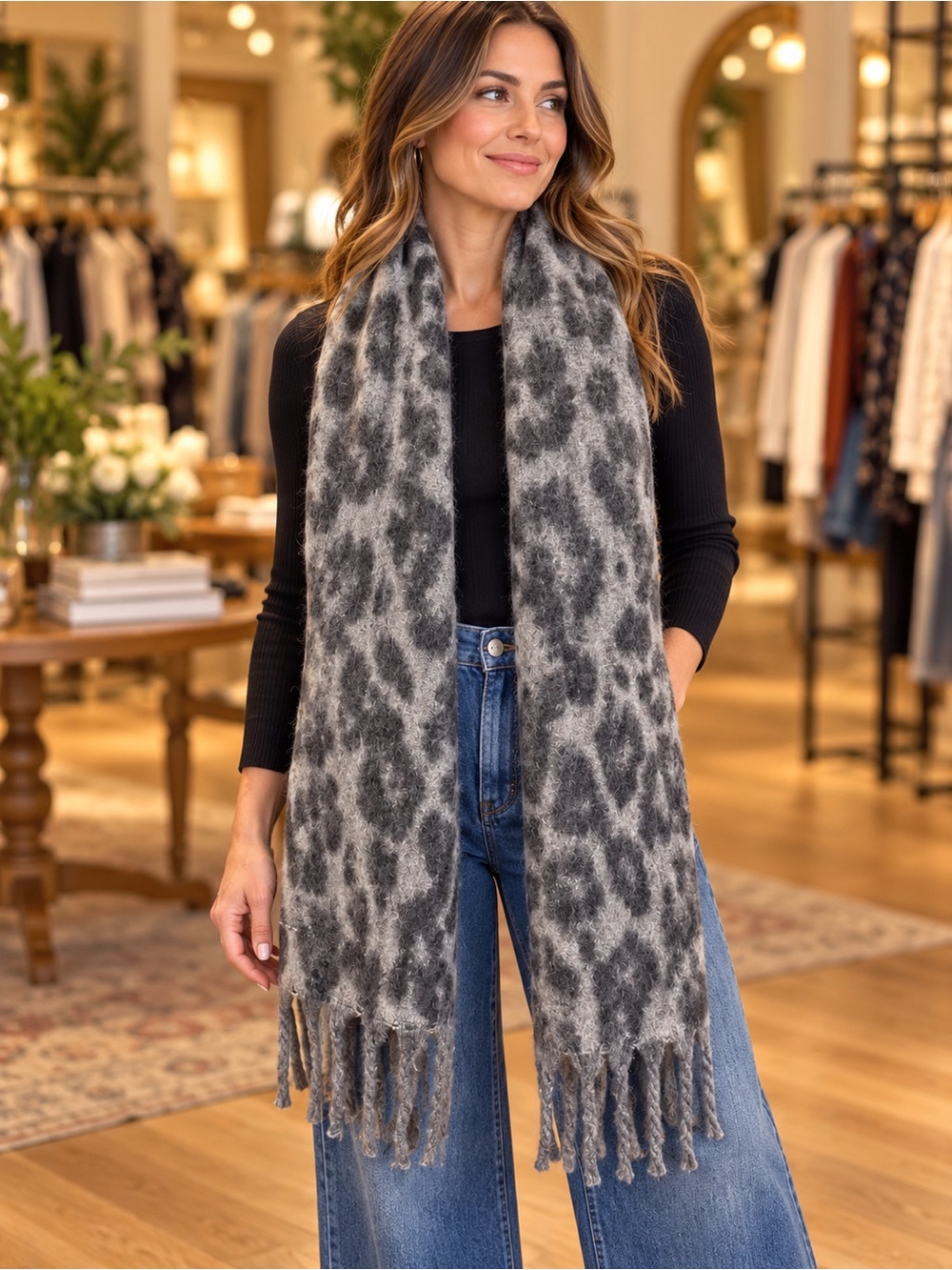 Gray Leopard Print Fringe Scarf